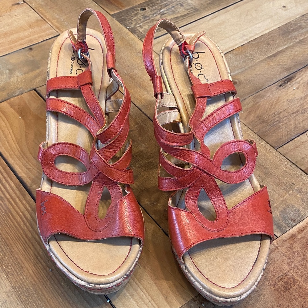 Born Concept (b.o.c) Coral Red Leather Wedge Slingbacks